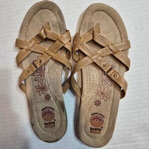 Earth Spirit Tan Braided Slide Sandals with Floral Footbed